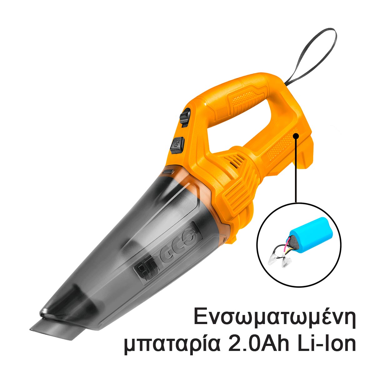 Ingco Car Vacuum Cleaner with Built-in 12V Li-Ion Battery + USB Type-C Cable