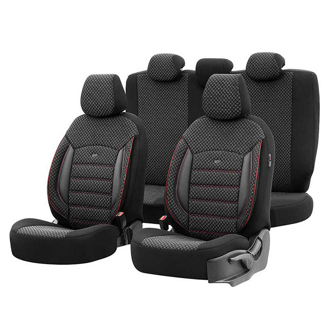 Otom Sport Plus Design Universal Car Seat Covers Cotton Fabric / Rachel / Faux Leather Front / Rear Set Black with Red Embroidery SPTPLS-102 11 Pieces