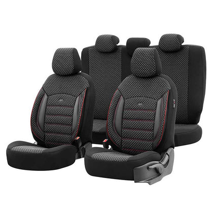 Otom Sport Plus Design Universal Car Seat Covers Cotton Fabric / Rachel / Faux Leather Front / Rear Set Black with Red Embroidery SPTPLS-102 11 Pieces