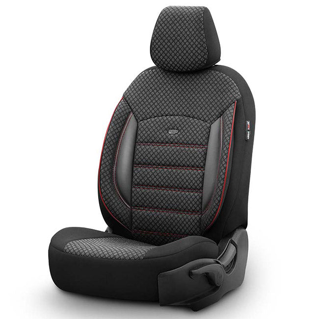 Otom Sport Plus Design Universal Car Seat Covers Cotton Fabric / Rachel / Faux Leather Front / Rear Set Black with Red Embroidery SPTPLS-102 11 Pieces