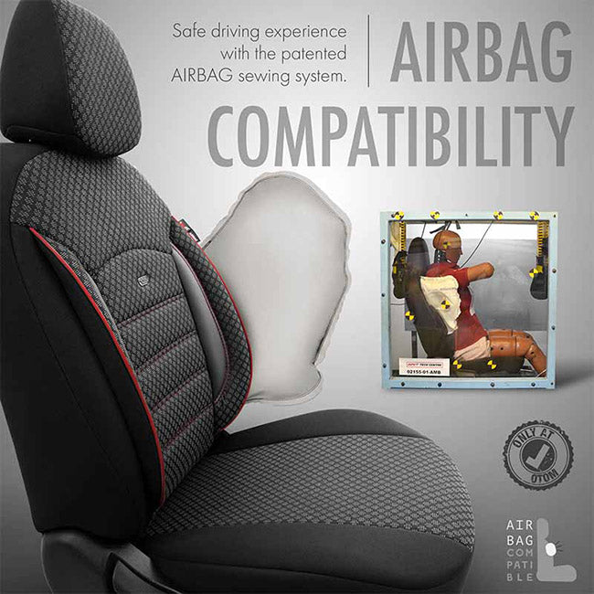 Otom Sport Plus Design Universal Car Seat Covers Cotton Fabric / Rachel / Faux Leather Front / Rear Set Black with Red Embroidery SPTPLS-102 11 Pieces