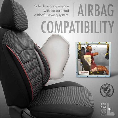 Otom Sport Plus Design Universal Car Seat Covers Cotton Fabric / Rachel / Faux Leather Front / Rear Set Black with Red Embroidery SPTPLS-102 11 Pieces