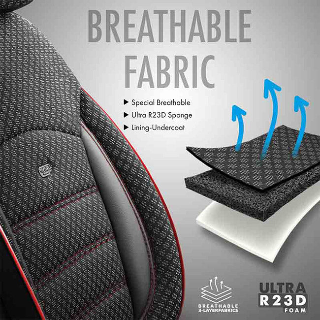 Otom Sport Plus Design Universal Car Seat Covers Cotton Fabric / Rachel / Faux Leather Front / Rear Set Black with Red Embroidery SPTPLS-102 11 Pieces