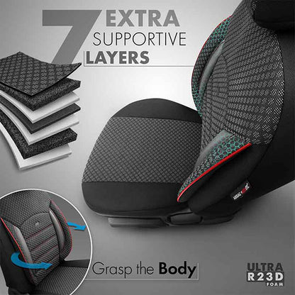 Otom Sport Plus Design Universal Car Seat Covers Cotton Fabric / Rachel / Faux Leather Front / Rear Set Black with Red Embroidery SPTPLS-102 11 Pieces