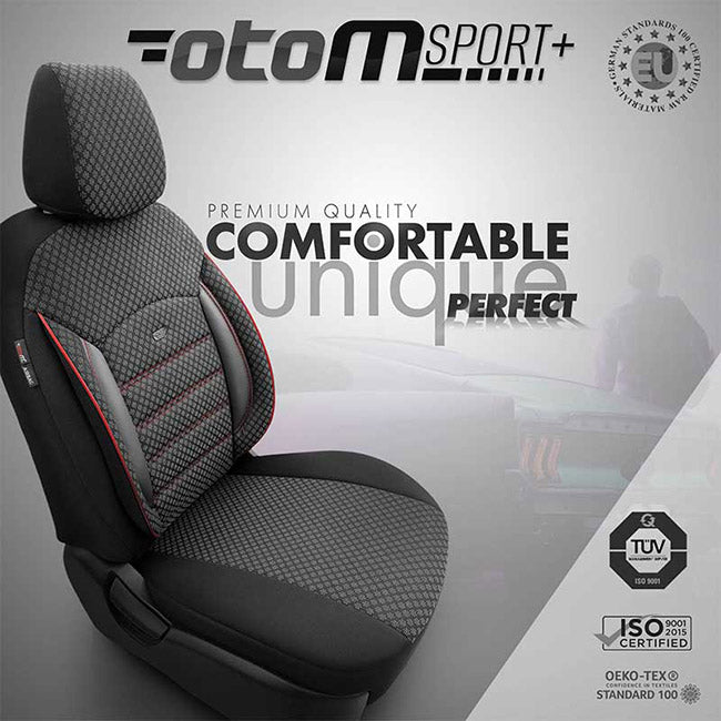 Otom Sport Plus Design Universal Car Seat Covers Cotton Fabric / Rachel / Faux Leather Front / Rear Set Black with Red Embroidery SPTPLS-102 11 Pieces