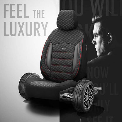 Otom Sport Plus Design Universal Car Seat Covers Cotton Fabric / Rachel / Faux Leather Front / Rear Set Black with Red Embroidery SPTPLS-102 11 Pieces