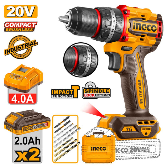 Ingco Κρουστικό Δραπανοκατσάβιδο Compact Μπαταρίας 20V Li-Ion 76Nm