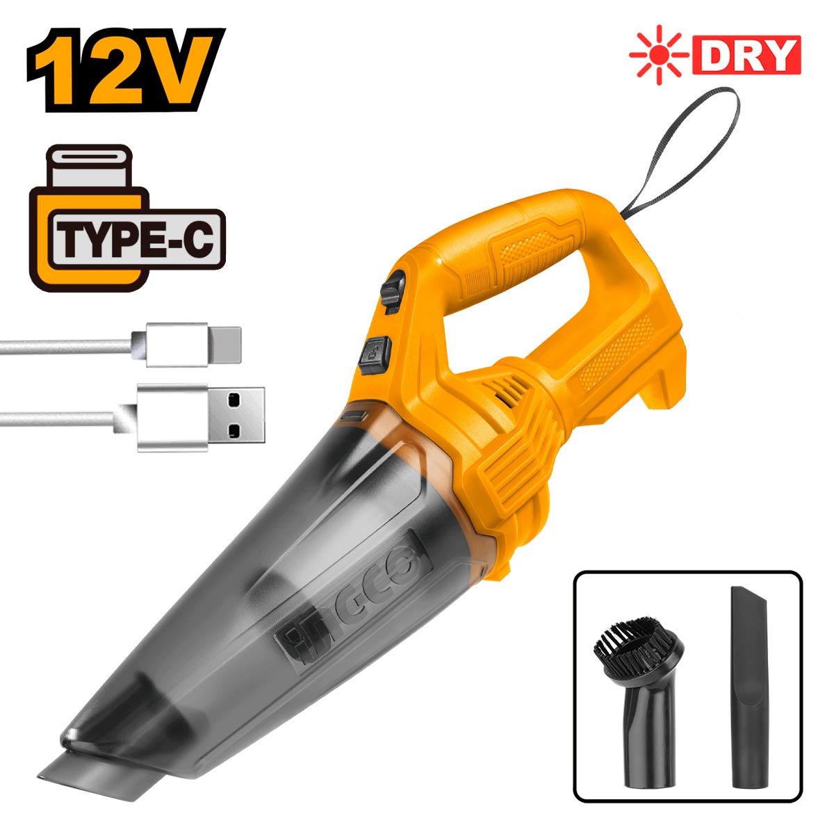 Ingco Car Vacuum Cleaner with Built-in 12V Li-Ion Battery + USB Type-C Cable