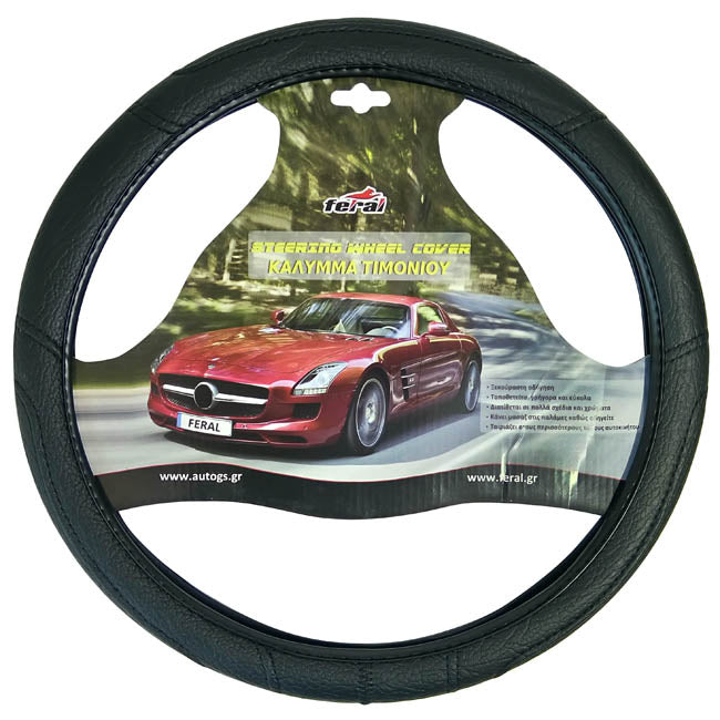 Car Steering Wheel Cover Faux Leather with Stitching Black Large 40cm